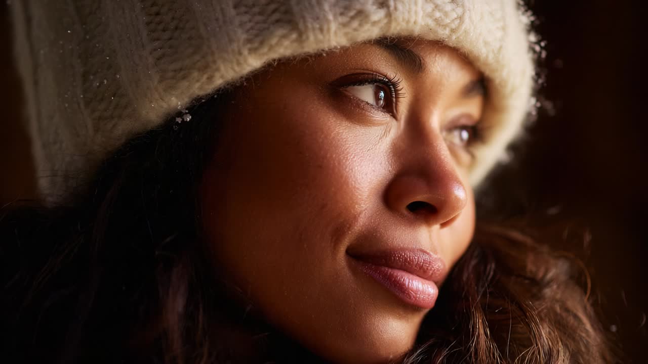 A Close-Up of a Thoughtful Woman in a Winter Hat, Capturing the Essence of Reflection and Serenity with Snowflakes Accentuating Her Beautiful Features in a Cozy Environment
