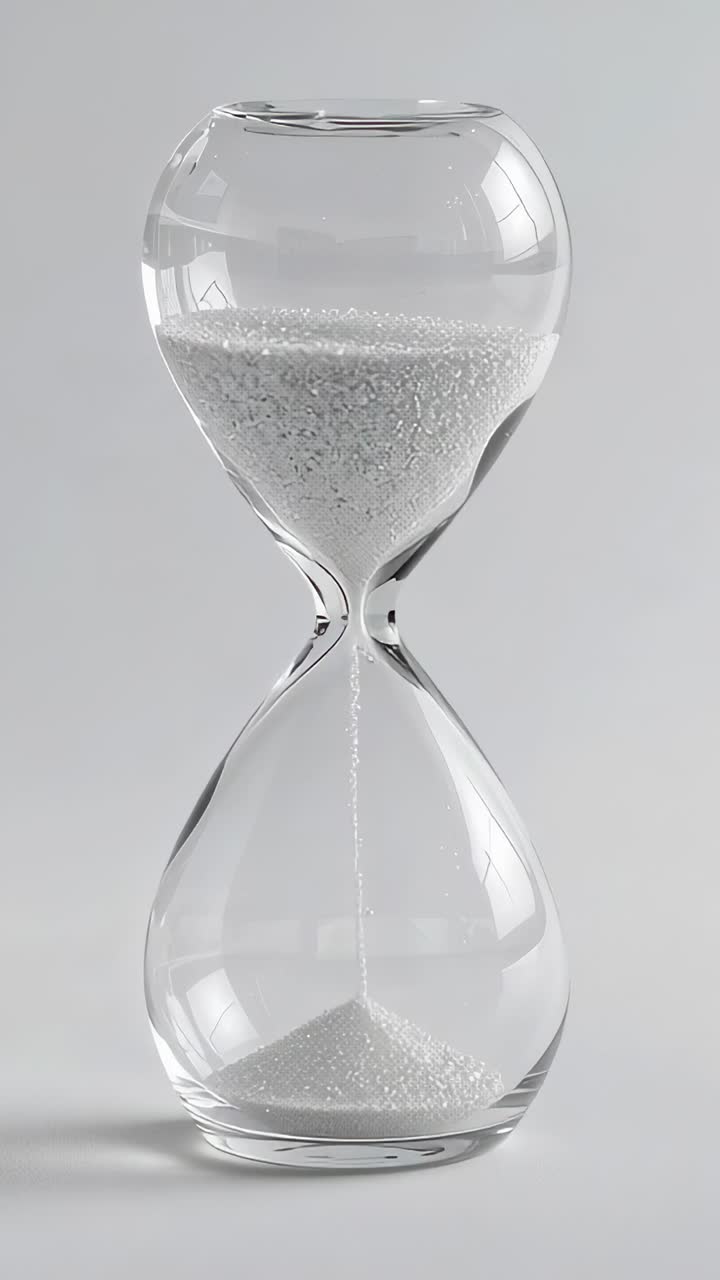 Vertical video: Starting glass hourglass pouring sand through neck on gray backdrop marking time