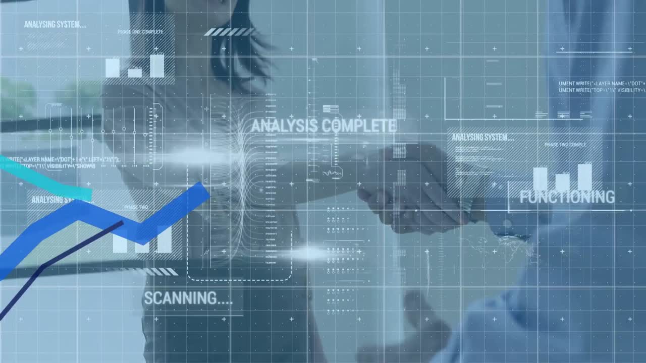 Animation of financial data processing over diverse business people in office