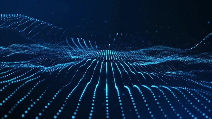 Sfondo astratto con movimento di onde di particelle digitali blu