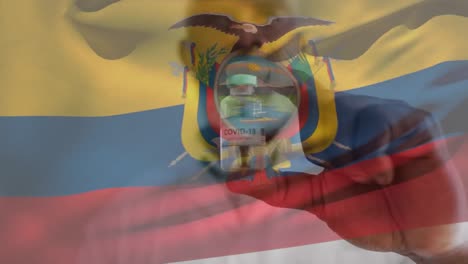 animation of flag of equador waving over doctor wearing face mask and holding vaccine