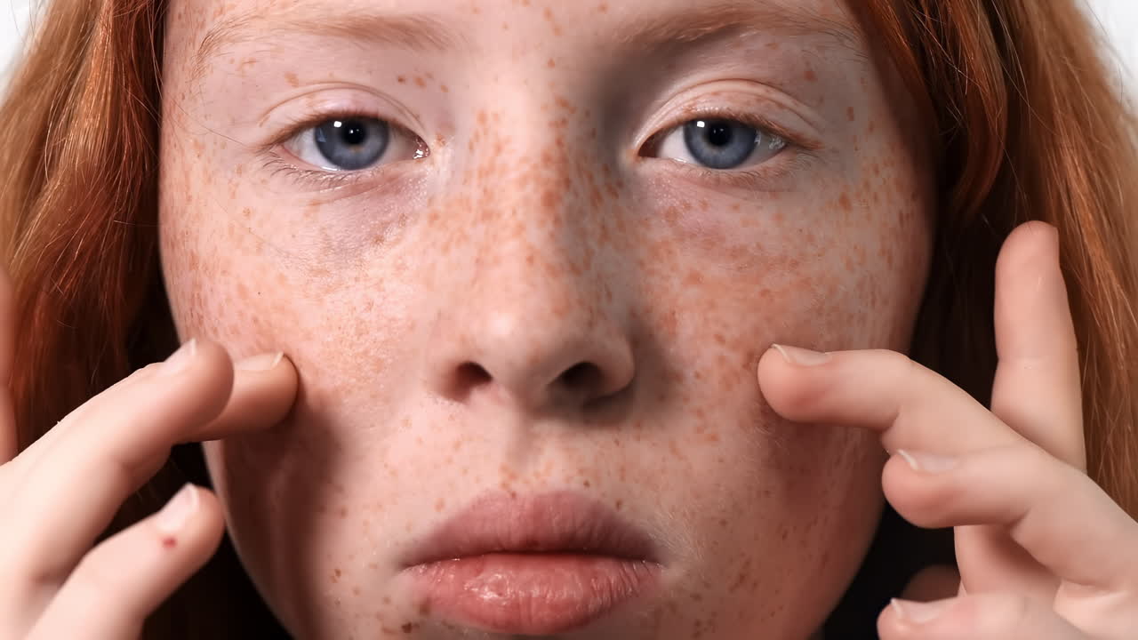 Red haired girl with blue eyes touching face full of freckles. Looking into the camera. White background. Close up