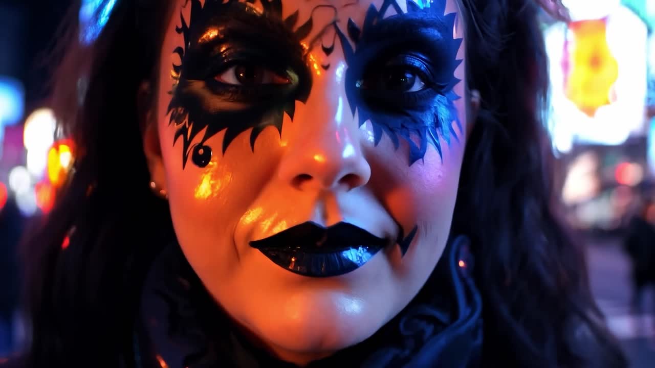 mujer con elaborado maquillaje de halloween en la ciudad por la noche