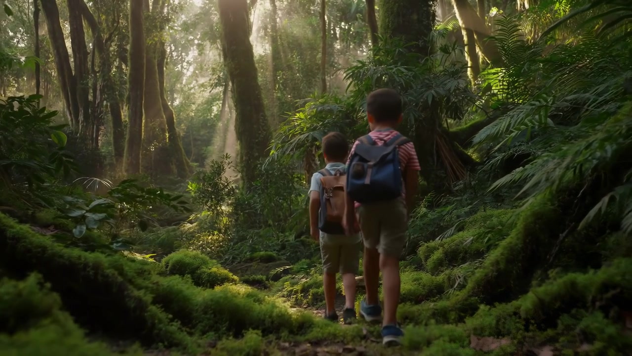 Rear view shows two children walking forward on narrow mossy path through lush tropical forest, backpacks visible, with tall trunks, ferns, warm light, and tranquil green depth, with children