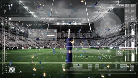 Digital-interface-with-data-processing-against-confetti-falling-over-rugby-goal-post