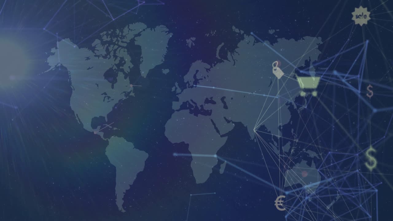 세계 지도 위의 아이콘으로 연결 네트워크의 애니메이션