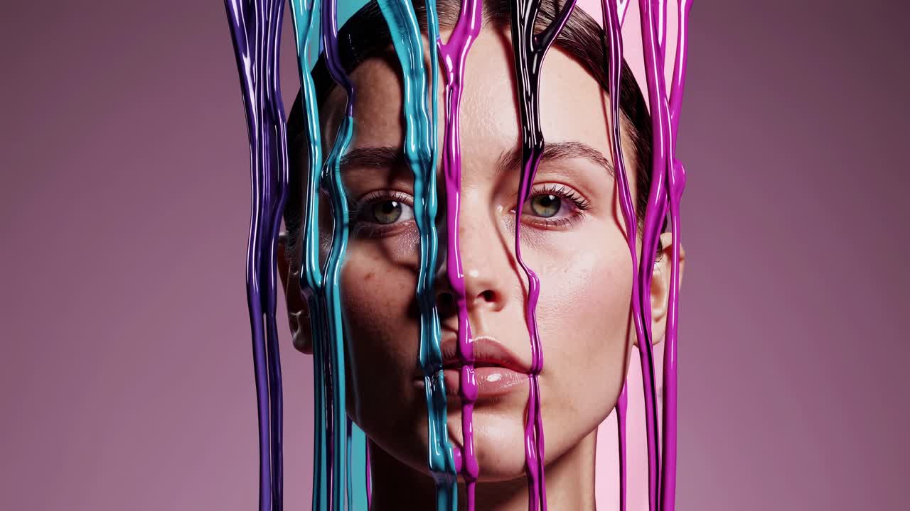 Colorful paint dripping down model's face, creating tear like makeup design in turquoise, purple, black against pink background for artistic beauty concept