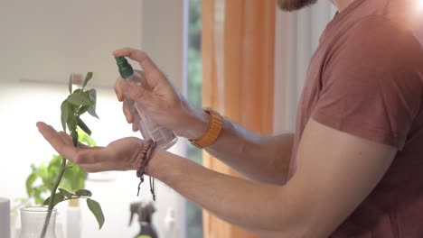 disparo estático de un hombre rociando sus plantas de la ventana con agua para mantenerlos vivos