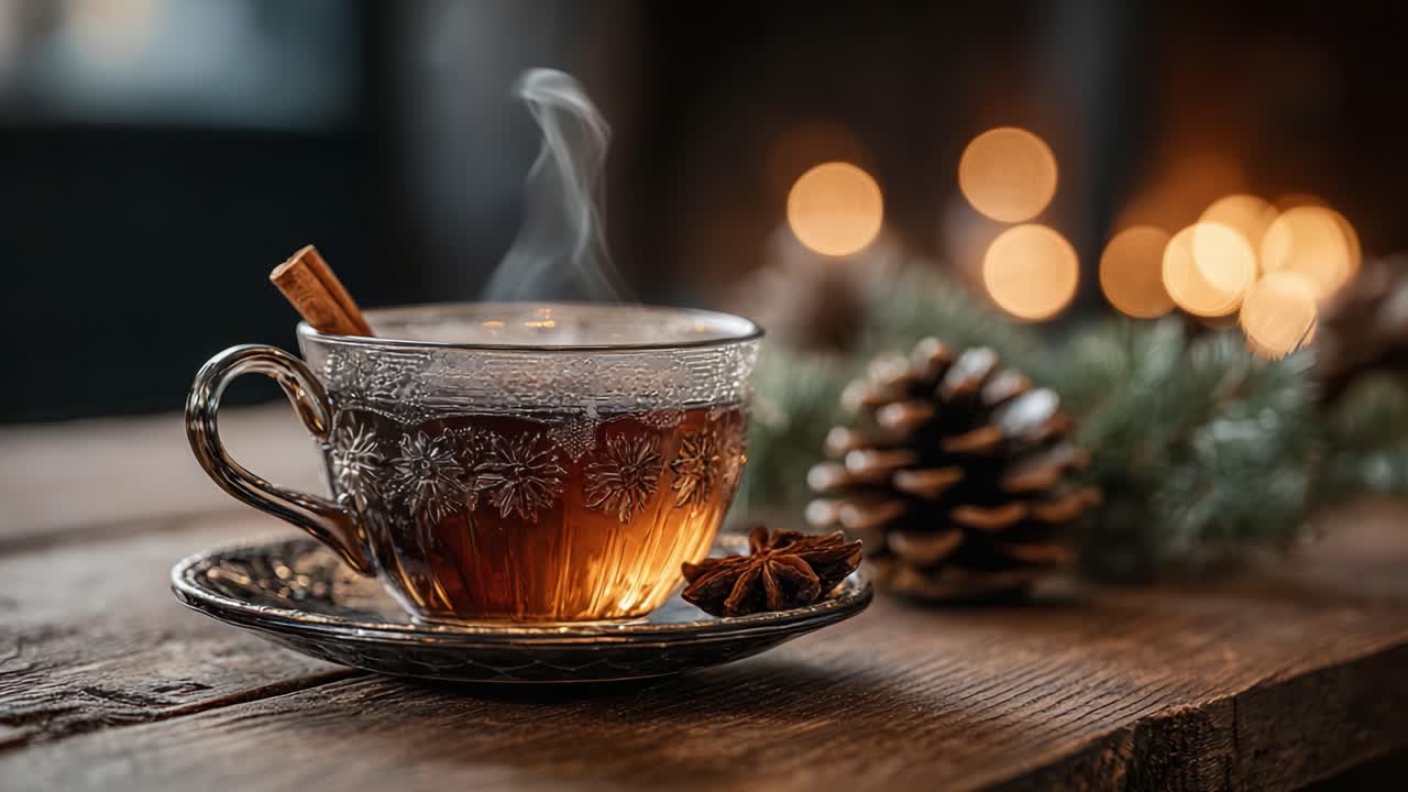 A Warm, Inviting Cup of Spiced Tea: Steam Rising from a Beautifully Crafted Mug, Surrounded by Natural Elements and Soft Bokeh Lights, Perfect for Cozy Moments