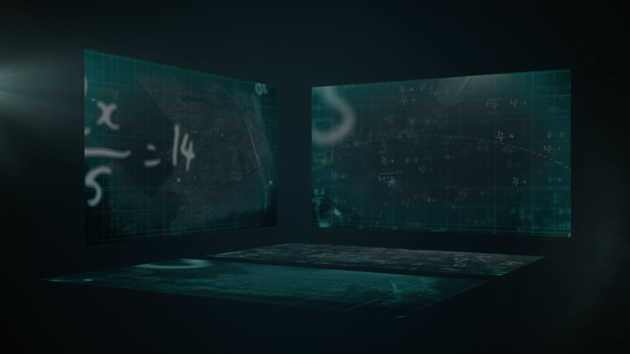 Animation of data processing over black background with screens and binary code