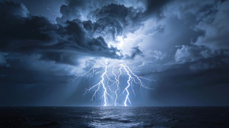 Nucleo della nuvola in carica, nuvola temporalesca che produce un fulmine centrale e invia scariche, illuminando l'oceano aperto.