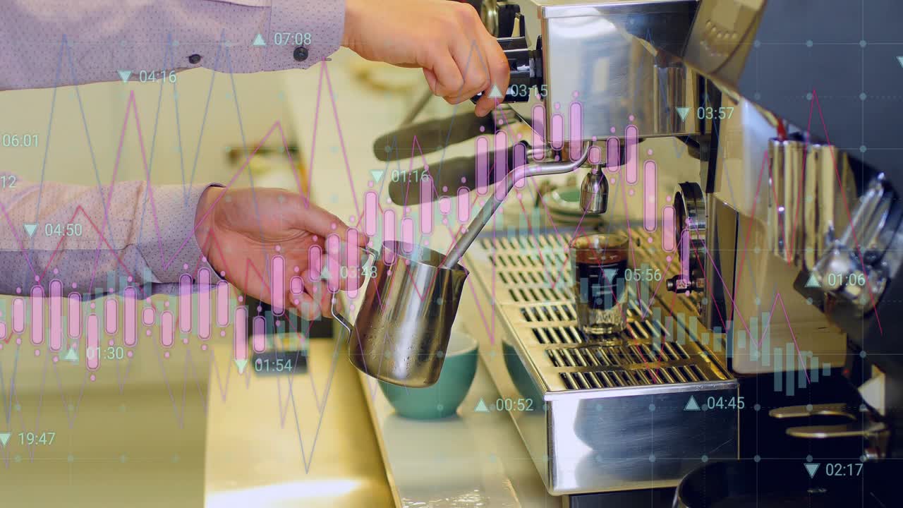 Barista reaching for milk jug twisting knob steaming milk building foam and pouring shot for latte