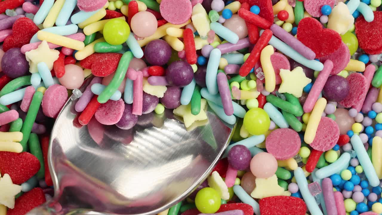Macro view of a spoon scooping vibrant, multicolored sprinkles, showcasing texture and color in a playful, dynamic sequence
