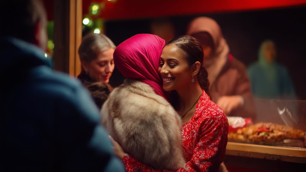 A Heartwarming Embrace Captured in Vibrant Colors: Two Elegant Women Share a Moment of Connection, Draped in Luxurious Fabrics Against a Festive Background, Brightened by Cozy Lights and Delicious Treats
