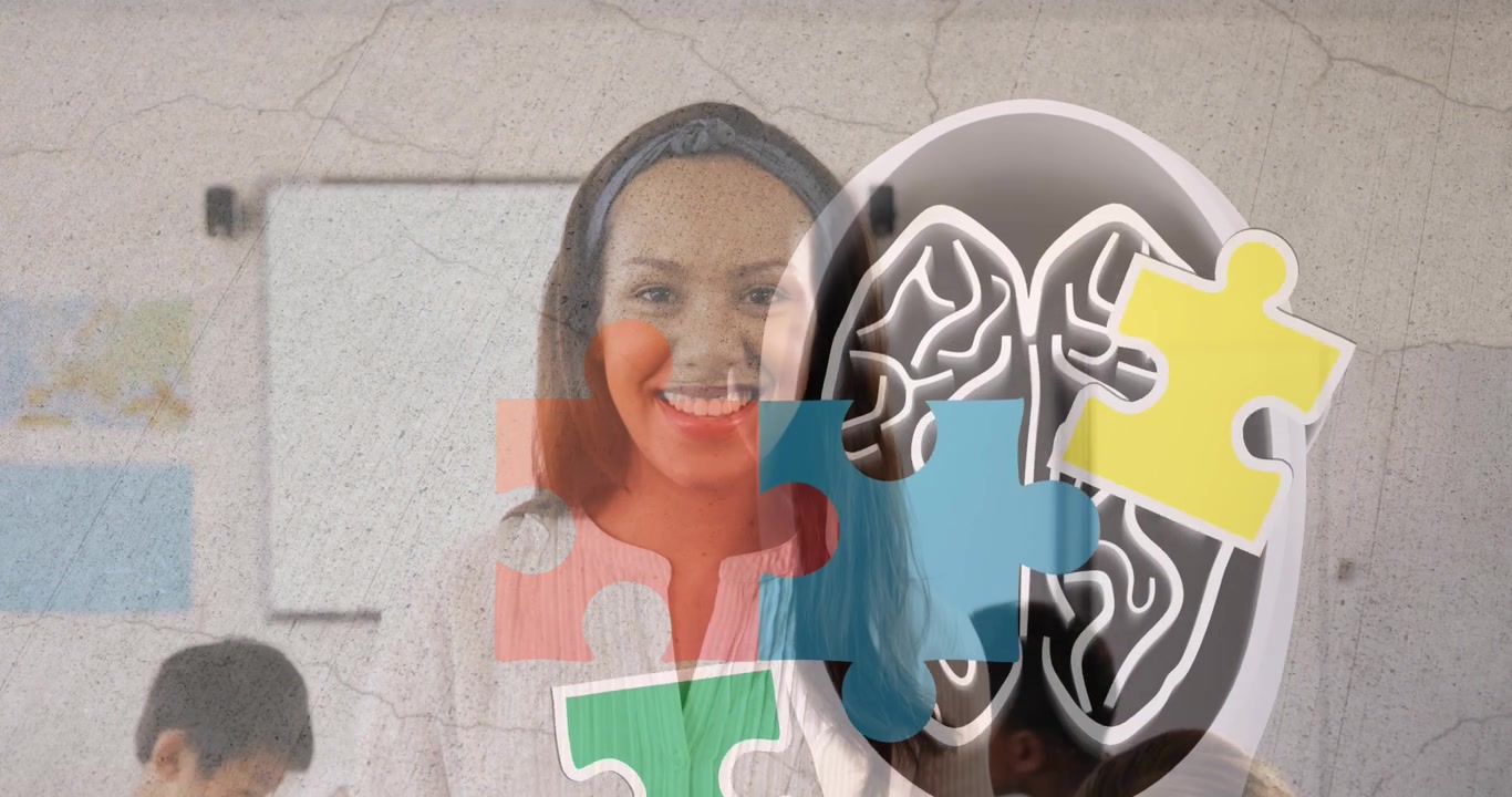 Animación de un rompecabezas colorido y un cerebro sobre una mujer con una tableta y niños diversos.