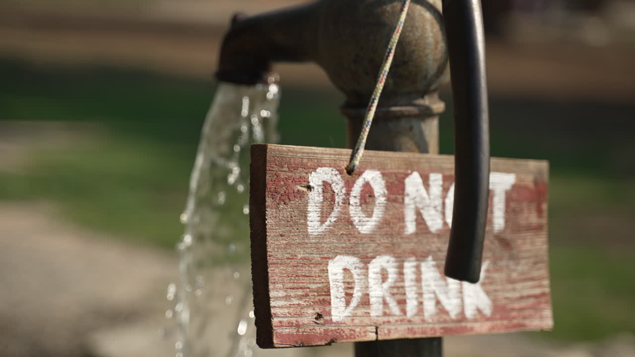 화창한 날 오래된 철제 야외 수도꼭지에서 물이 쏟아진다