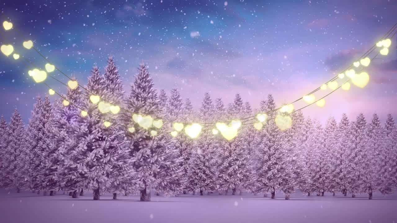Animation of heart lights over fir trees
