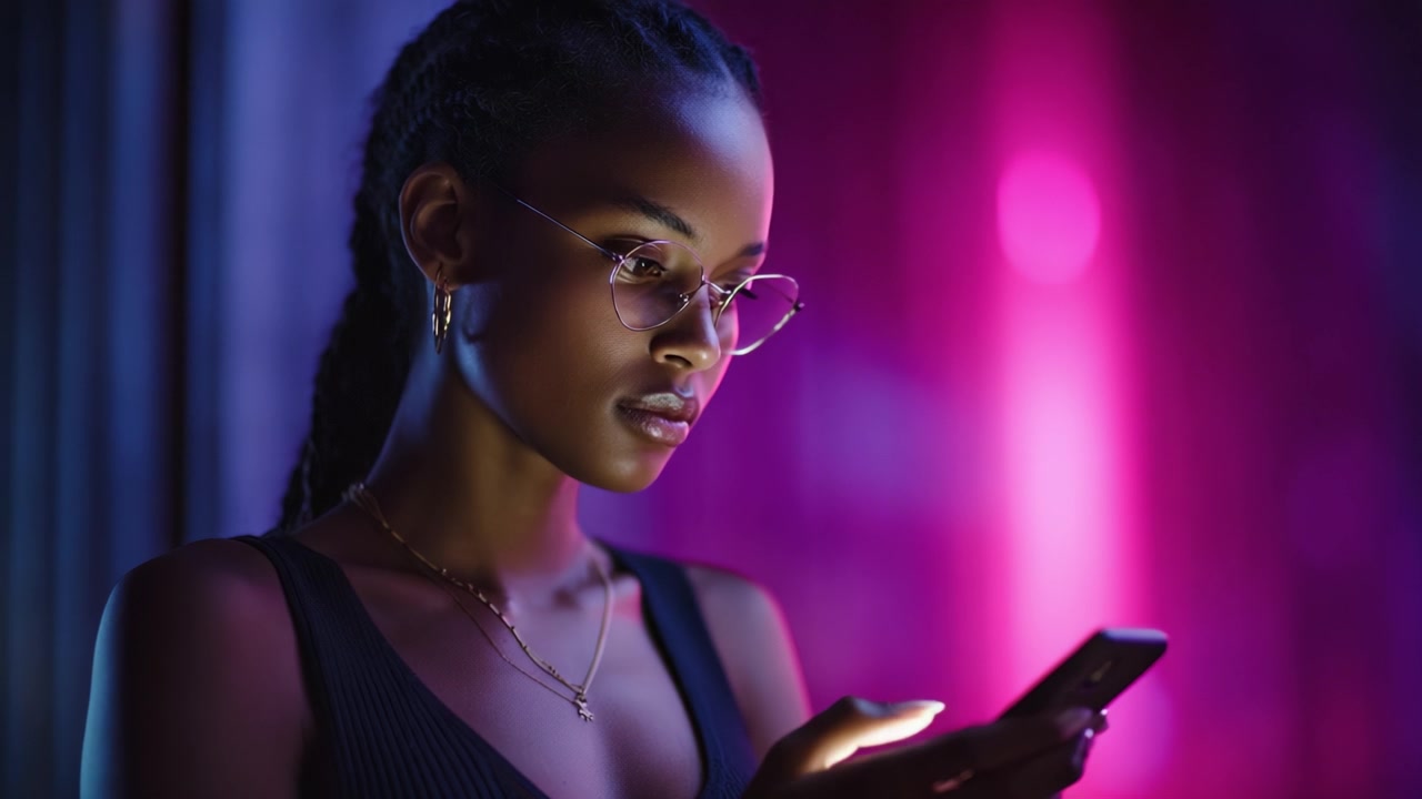 En ung kvinde stirrer intenst på sin smartphone, oplyst af levende neonbelysning, der viser modernitet, forbindelse og tiltrækningen ved digital interaktion.