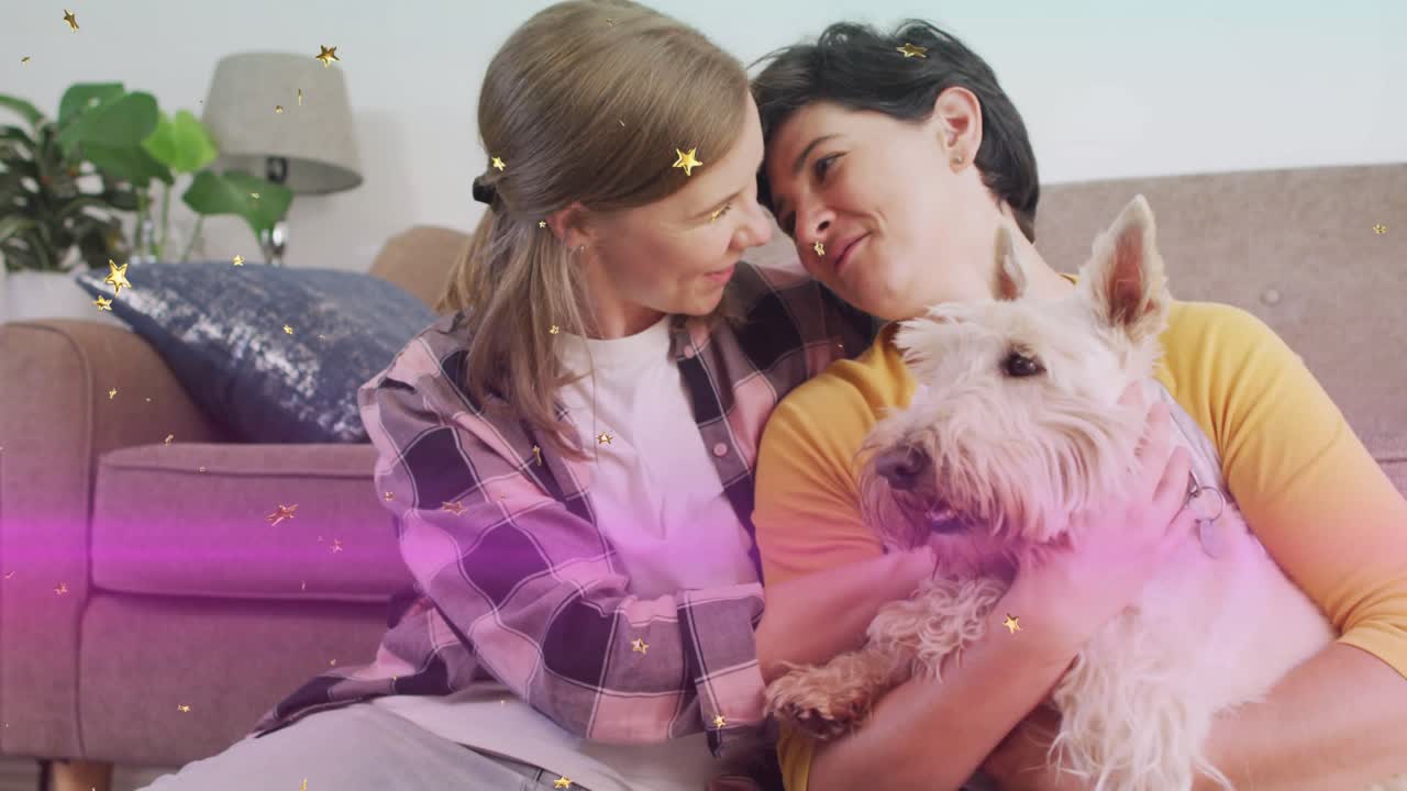 Couple leaning on sofa cradling terrier starting pet care animation with stars fading pink streak