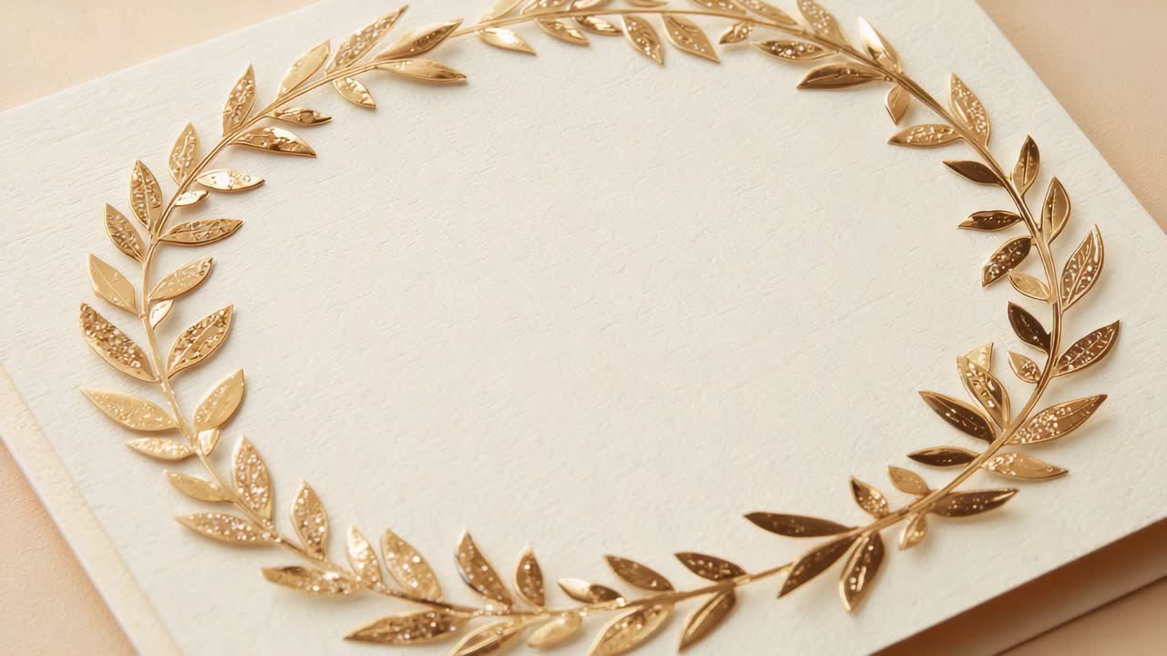 Shifting camera revealing gold laurel wreath on textured white card, showcasing glittered leaves