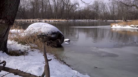 slow moving ice on river in forest winter time