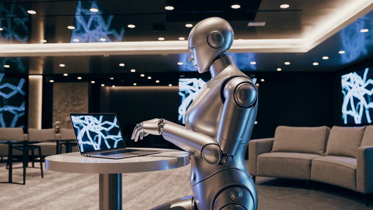 Futuristic robot typing on a laptop in a modern lounge. The robot, with a sleek metallic design