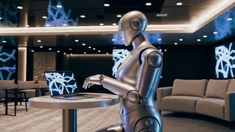 futuristic robot typing on a laptop in a modern lounge. the robot, with a sleek metallic design