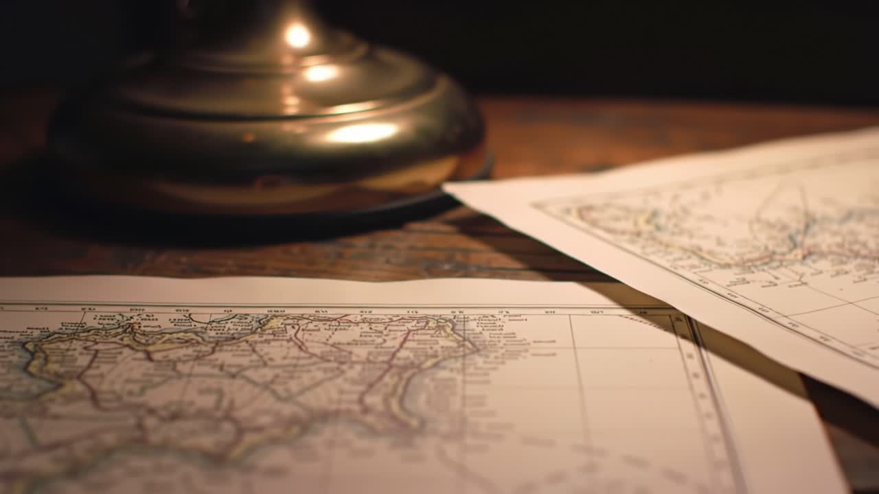 Close-up of detailed historical maps spread on a wooden surface near a vintage lamp, highlighting intricate lines and geographical features in a moody atmosphere