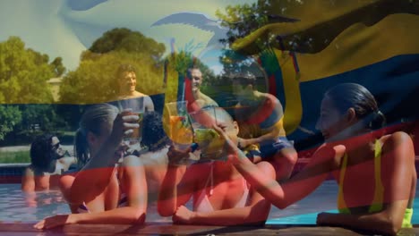 animación de la bandera de ecuador sobre felices amigas caucásicas divirtiéndose en la piscina