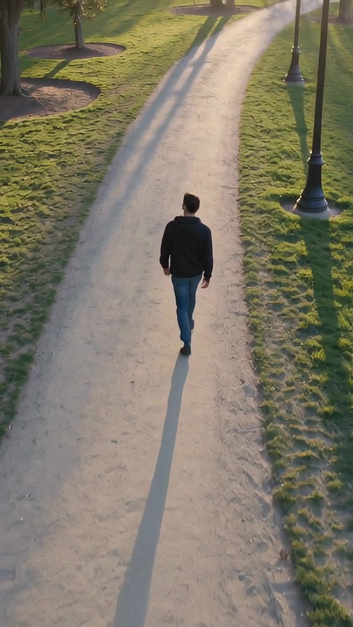 Video verticale: Uomo che cammina in avanti lungo un sentiero del parco, indossa un cappotto nero e jeans, lampioni