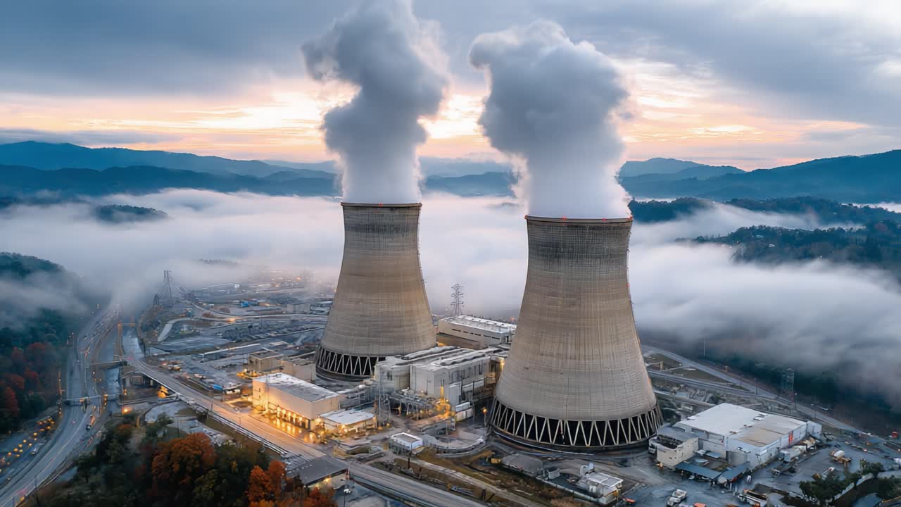 Spectacular Aerial View of Nuclear Power Plant Surrounded by Misty Mountains at Dawn, Showcasing Cooling Towers and Steam Emissions in a Tranquil Landscape