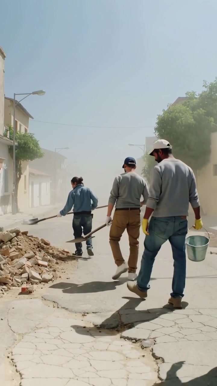 Vertical video: Walking 3 denim crew clearing curb rubble on narrow street with shovels, bucket