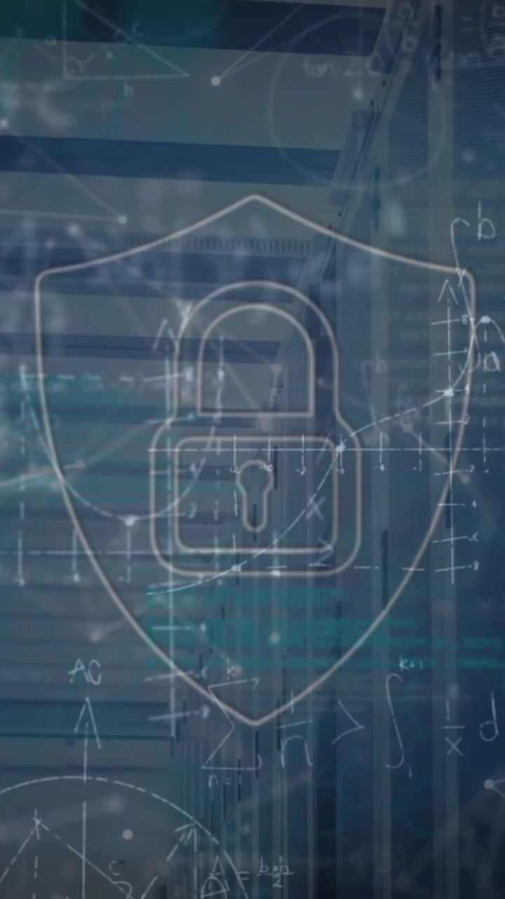 Animazione di lucchetto e forme su equazioni matematiche e sala server