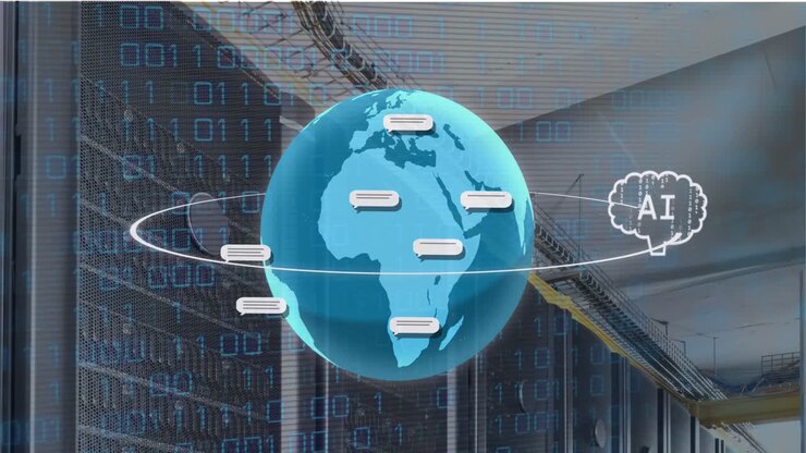 Animation of ai text and icon, data processing over globe