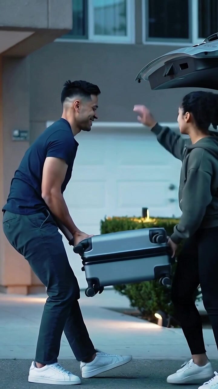 Vertical video: Reaching trunk, couple in navy and green lifting suitcase at home, packing for trip