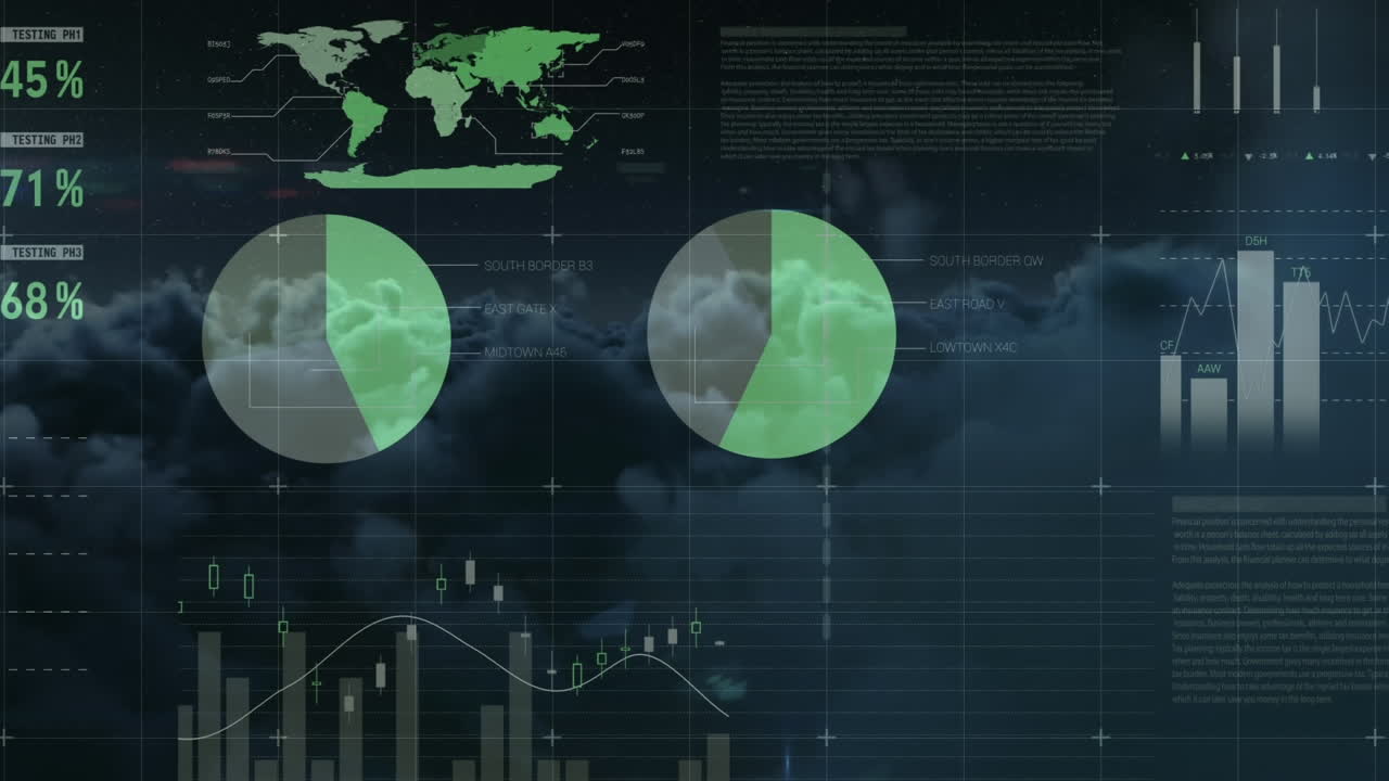 Animation of statistics processing over sky with clouds