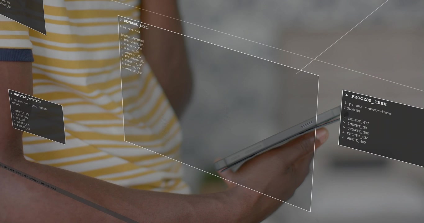 Man holding tablet tapping swiping screen to inspect code in security HUD panels updating