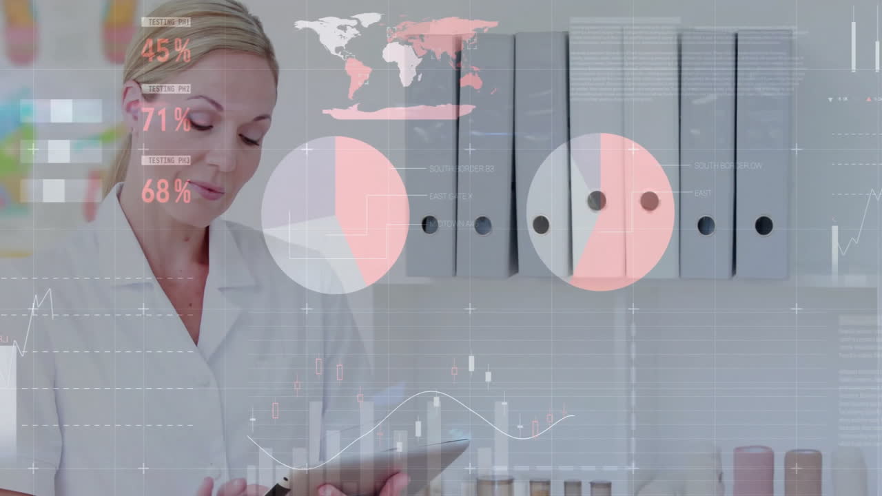 Analyzing data on tablet, scientist viewing animation of global statistics in lab