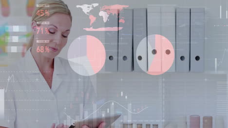 analyzing data on tablet, scientist viewing animation of global statistics in lab