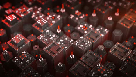 array of red mechanical units seamless loop 3d render animation