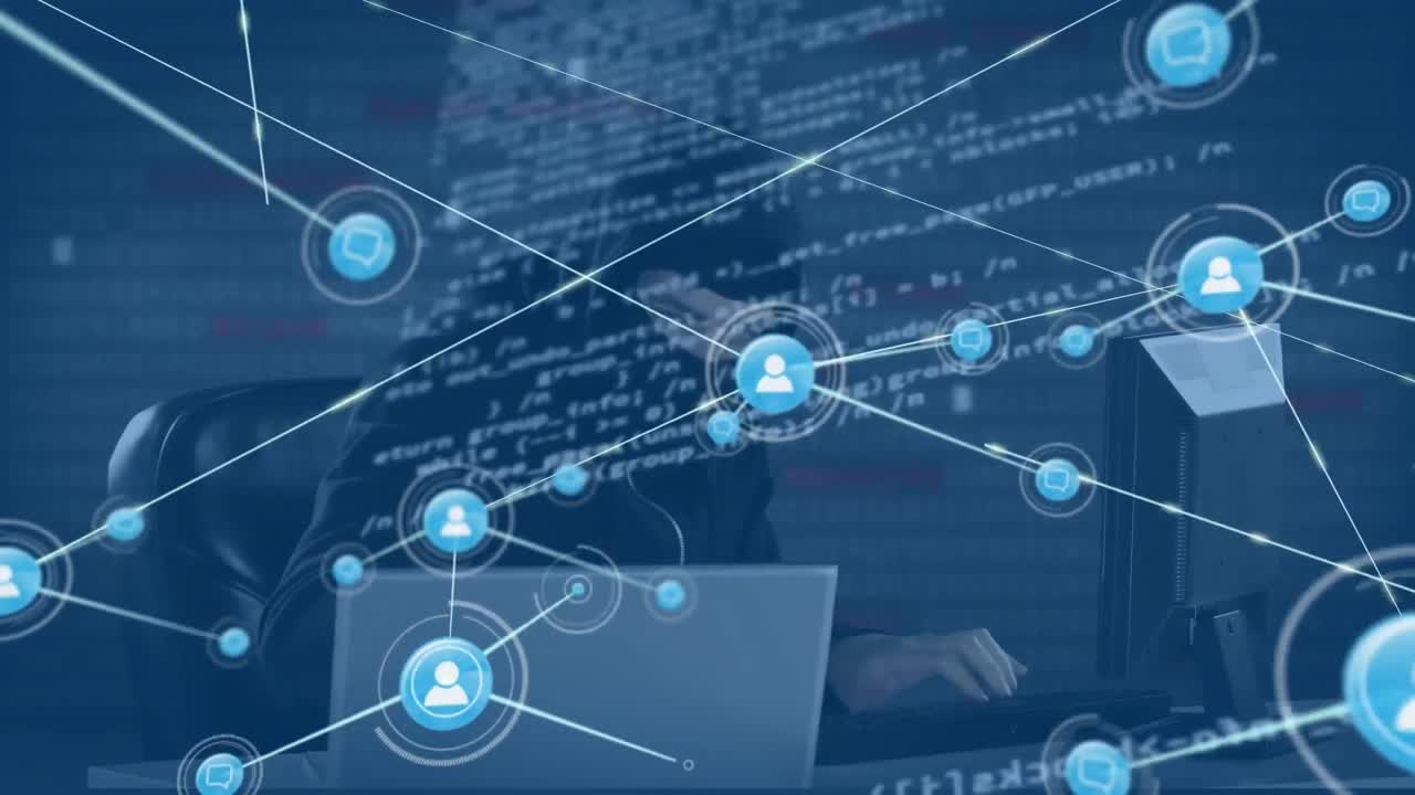 컴퓨터를 사용하여 해커를 통해 연결 네트워크의 애니메이션