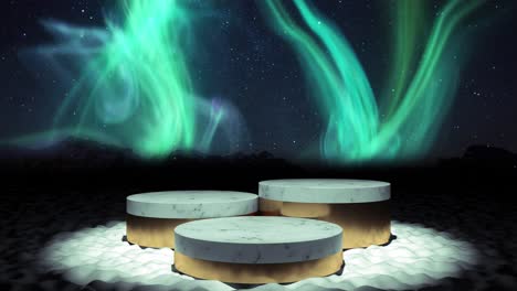 el podio del producto iluminado desde arriba contra las luces del norte o la aurora boreal