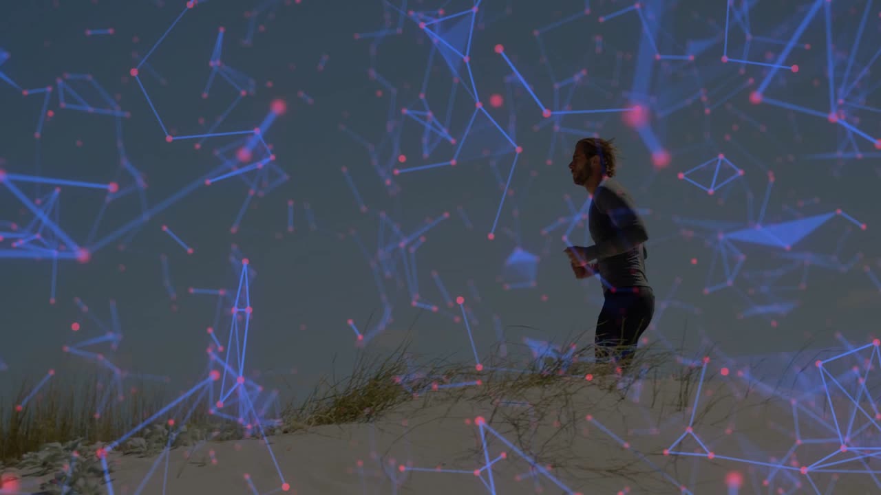 Man starting jog along coastal dune, fitness overlay with blue lines and red nodes tracking stride