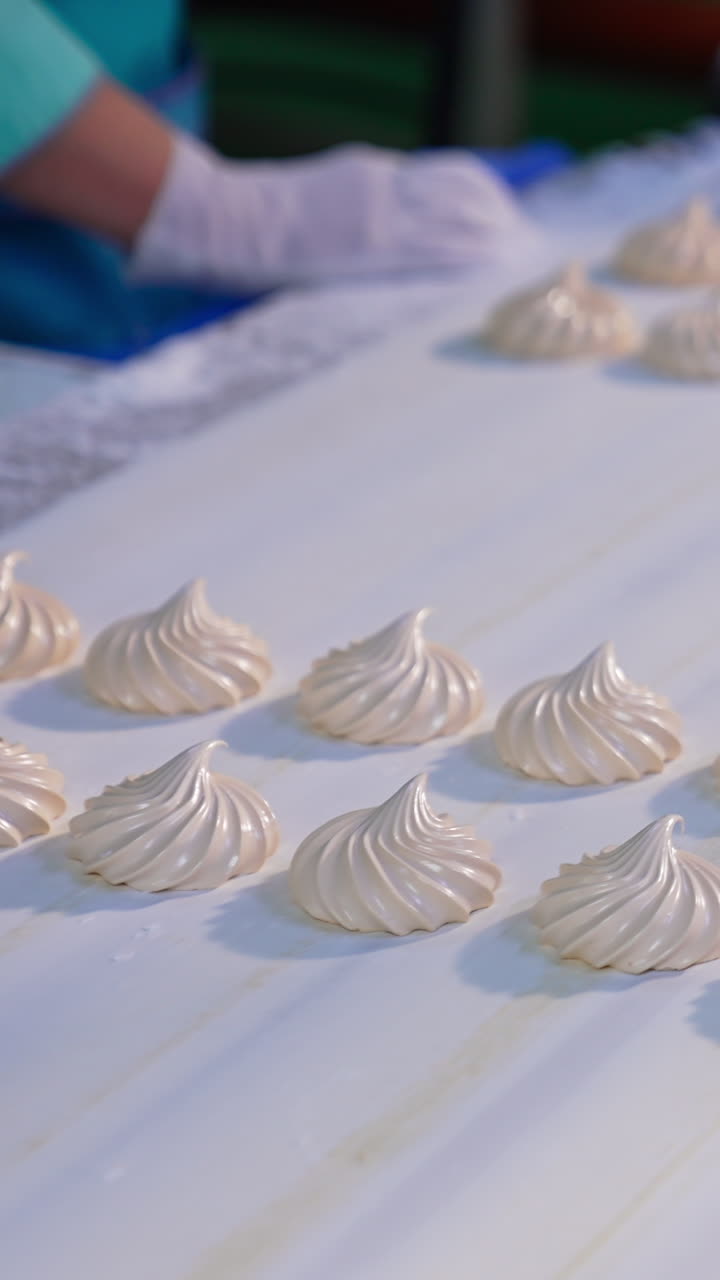 White creamy zephyr sweets move along the white conveyor line. Two confectioner watch them on both sides of conveyor. Blurred backdrop. Vertical video