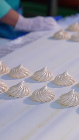 white creamy zephyr sweets move along the white conveyor line. two confectioner watch them on both sides of conveyor. blurred backdrop. vertical video