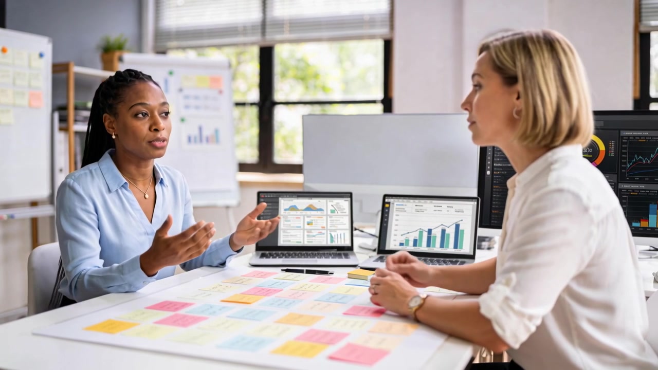 Talking at office meeting, left woman in blouse gesturing at laptops while right woman reaching