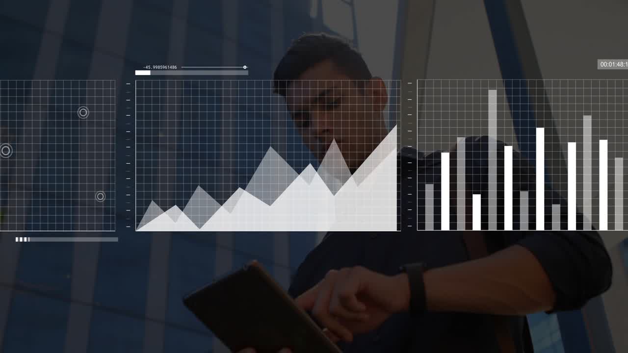 Tech professional tapping tablet in business district, showing animated line and bar graph overlays