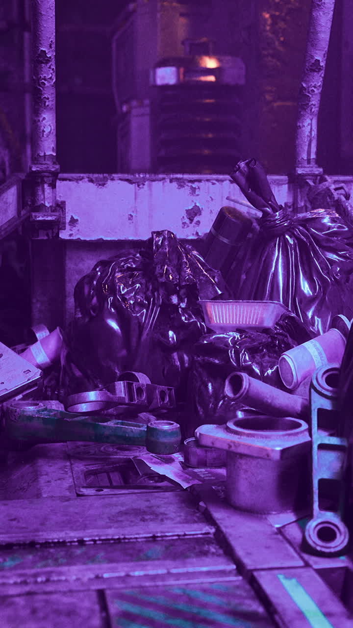 Urban alley filled with discarded waste and neon lighting at night