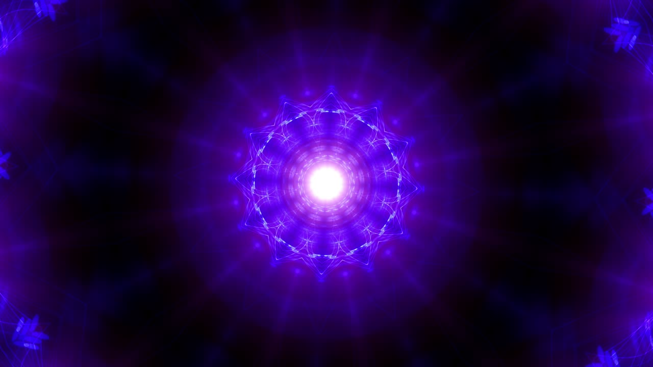 4K background motion with fractal design neon purple kaleidoscope sequence patterns seamless loop rotation. Abstract mandala art optical flare light technology motion graphics background VJ loop.