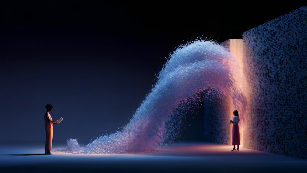 A mesmerizing visual of two figures against a textured wall, as a dynamic wave of colorful particles flows between them, symbolizing connection and exploration of realms